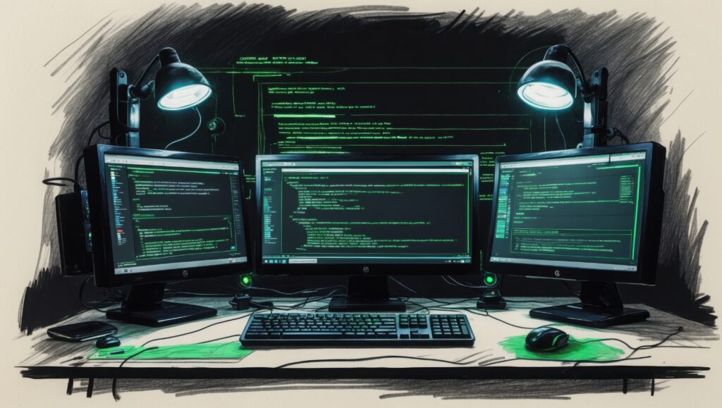 Three computer monitors display green program code under desk lamps, keyboard and mouse sit on desk, black and white sketch with green tint. Image of computers with computer code on the screens