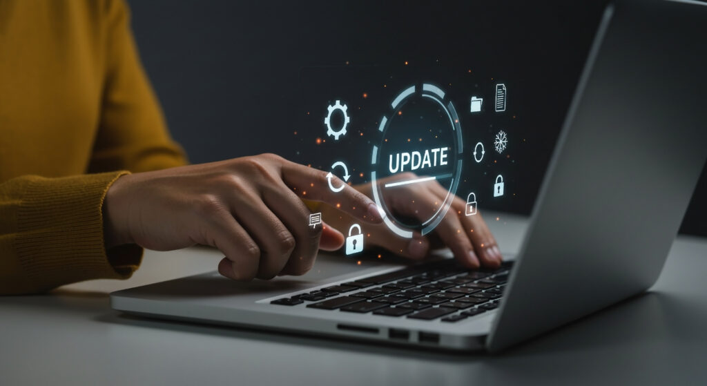 Businessperson interacting with software update interface on laptop technology modernization digital transformation
